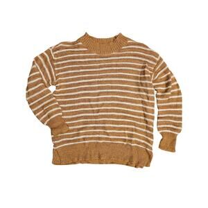Style & co mock neck pullover sweater tan white stripes preppy medium loose knit